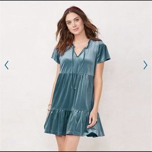 NEW LC Lauren Conrad Ruffle Neck Velvet Babydoll Dress Teal Green S